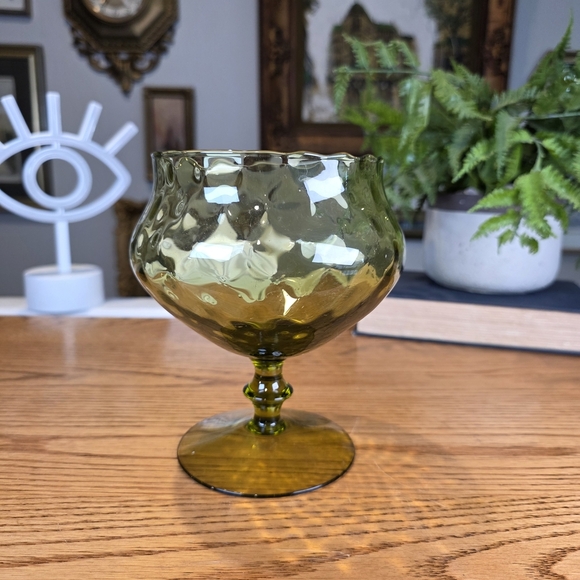 Indiana Glass Other - Vintage Indiana Glass Olive Green Thumbprint Pedestal Bowl MCM Candy Dish 6"